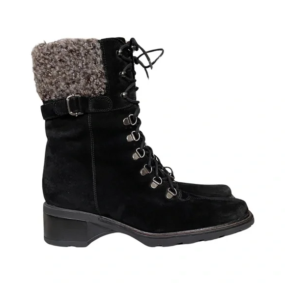 Aquatalia black suede, Lace Up, lug sole booties Moto Combat bouclé lined - Picture 2 of 12